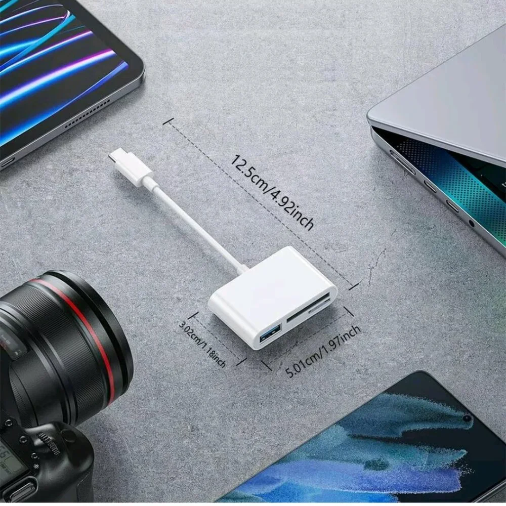 3 in 1 USB C adapter: USB A port, SD port, TD port